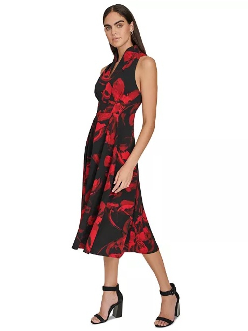 Calvin Klein Sleeveless Black Dress with Red Floral Print NWT - Picture 3 of 8